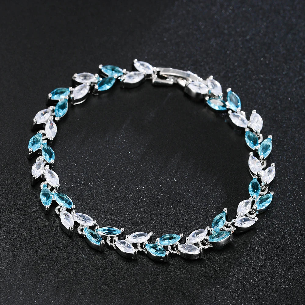 Trendy Leaf Charm Cubic Zirconia Bracelet & Bangles for Bride Bracelets Jewelry Sliver Color Clear CZ Crystal Bangles for Women