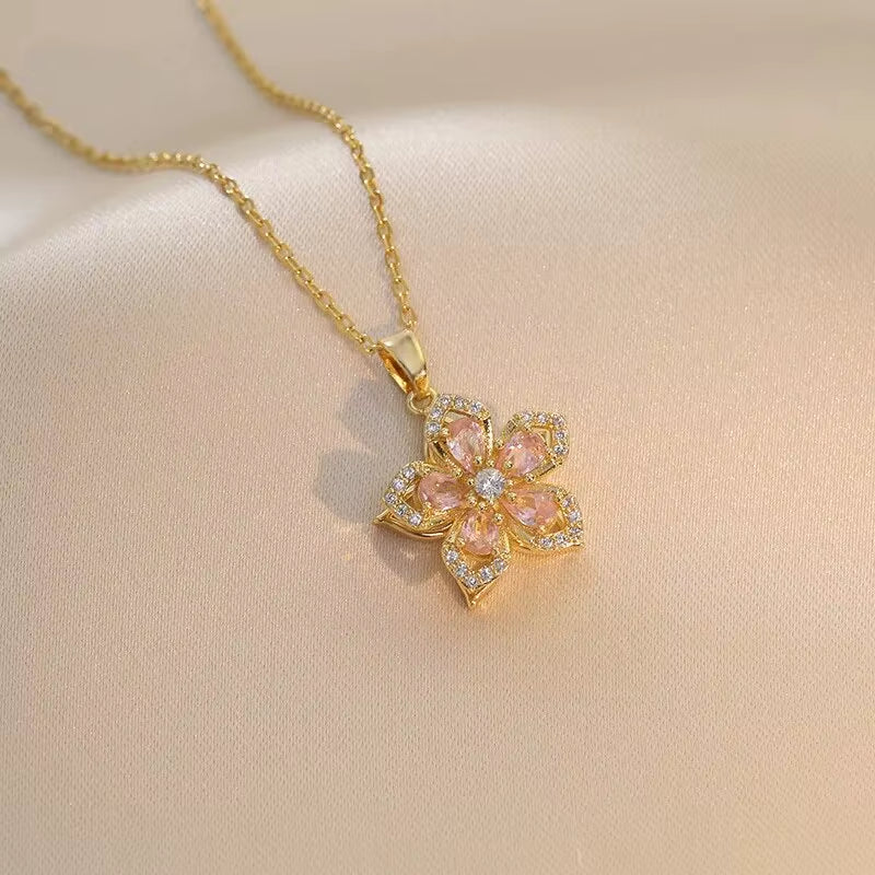 Gold Zircon Flower Pendant Necklace