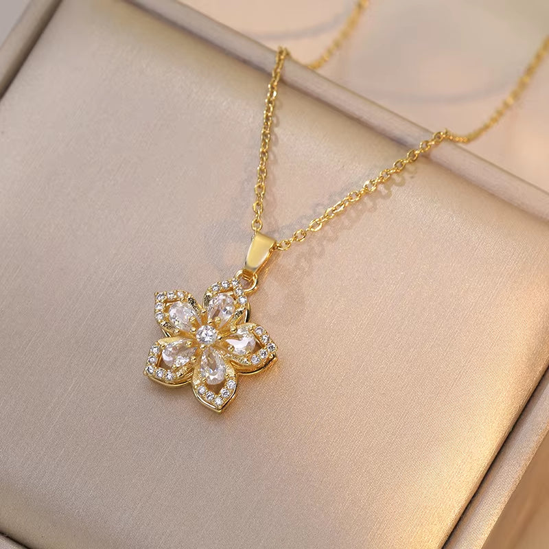 Gold Zircon Flower Pendant Necklace