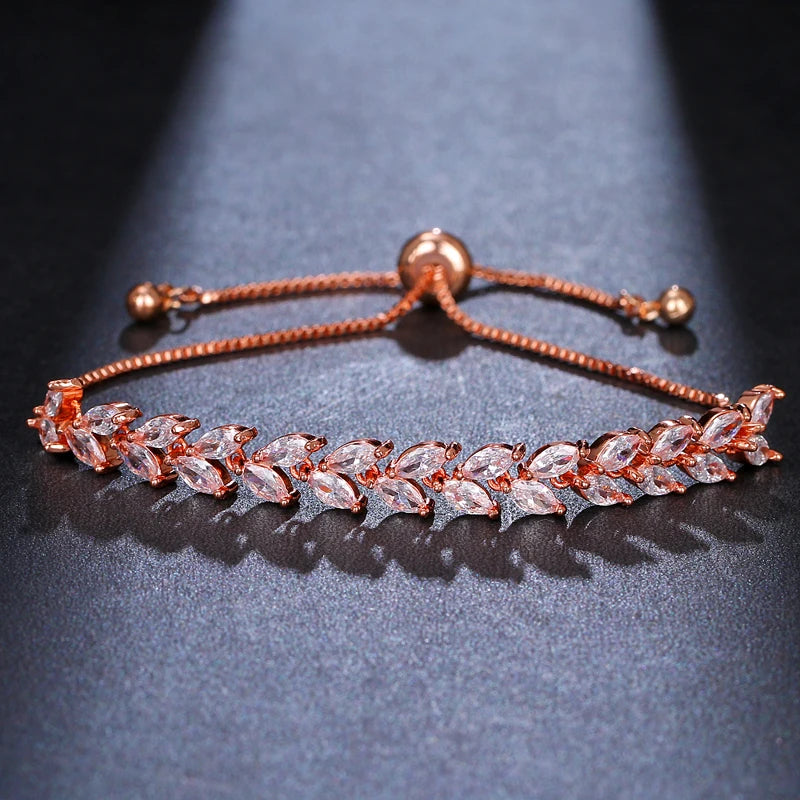 Trendy Leaf Charm Cubic Zirconia Bracelet & Bangles for Bride Bracelets Jewelry Sliver Color Clear CZ Crystal Bangles for Women