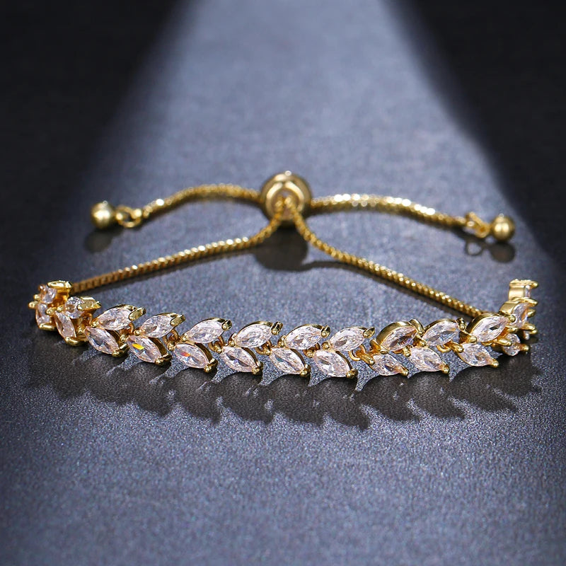 Trendy Leaf Charm Cubic Zirconia Bracelet & Bangles for Bride Bracelets Jewelry Sliver Color Clear CZ Crystal Bangles for Women