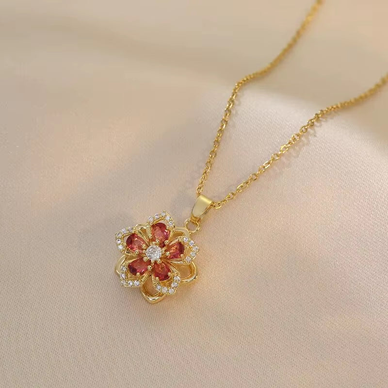 Gold Zircon Flower Pendant Necklace