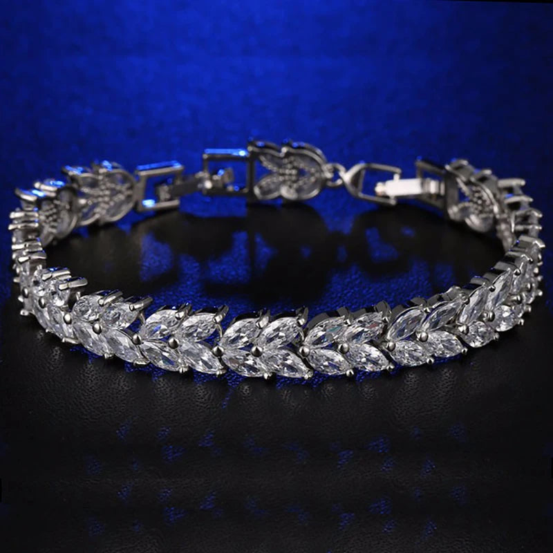 Trendy Leaf Charm Cubic Zirconia Bracelet & Bangles for Bride Bracelets Jewelry Sliver Color Clear CZ Crystal Bangles for Women
