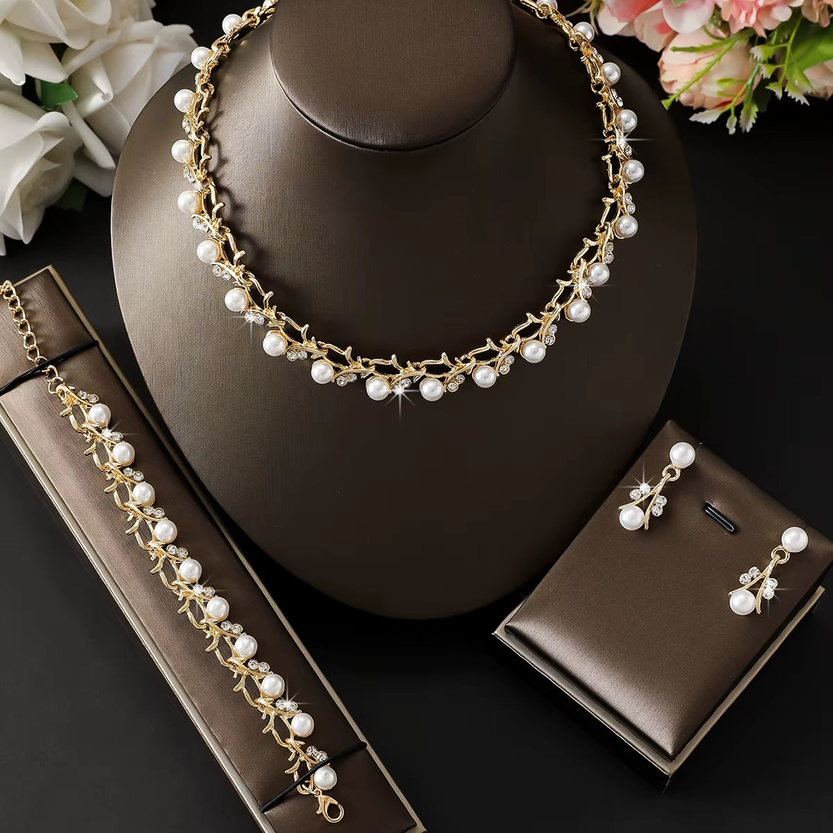 4Pcs Pearl Rhinestone Jewellery Set