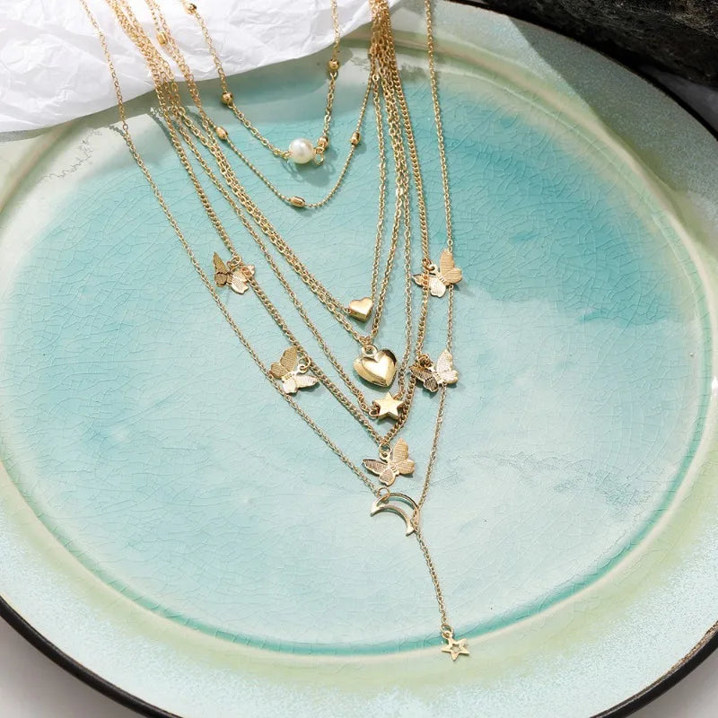 6PCS Necklace Set, Simple Temperament with Lovely Butterflies, Star Moon Charms