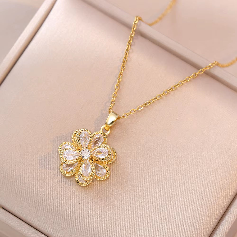 Gold Zircon Flower Pendant Necklace