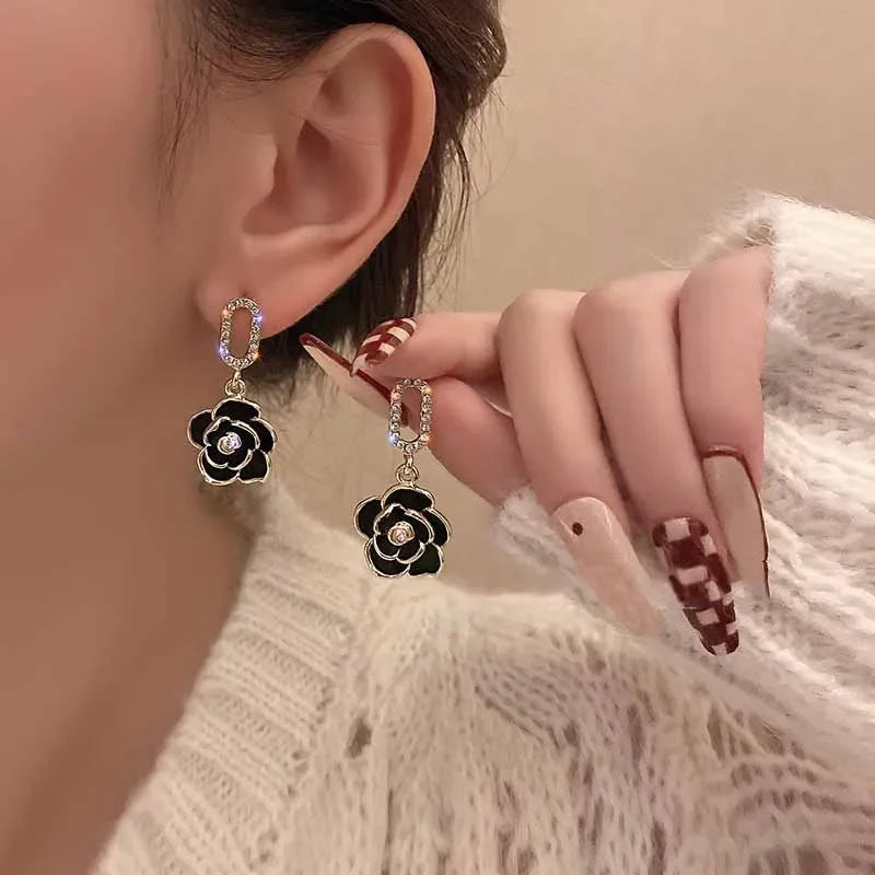 French Camellia Flower Rhinestone Earrings