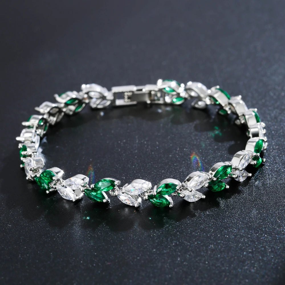Trendy Leaf Charm Cubic Zirconia Bracelet & Bangles for Bride Bracelets Jewelry Sliver Color Clear CZ Crystal Bangles for Women