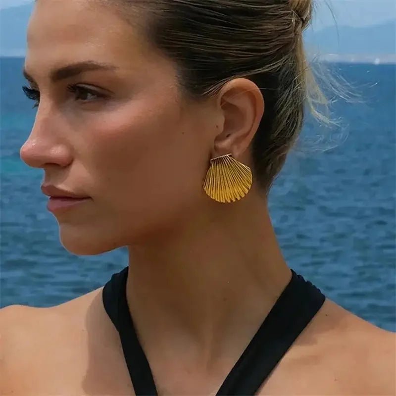 Stainless Steel Gold Plated Beach Shell Earrings