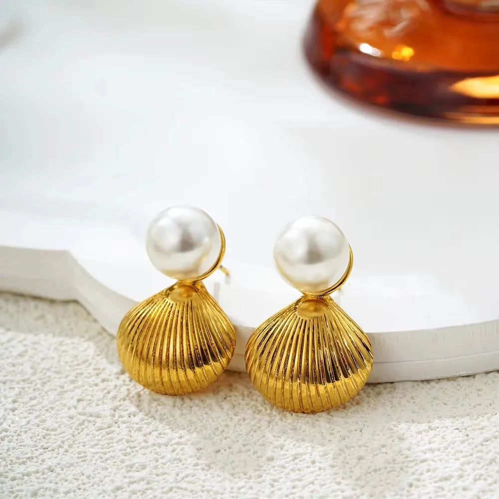 Stainless Steel Gold Plated Beach Shell Earrings