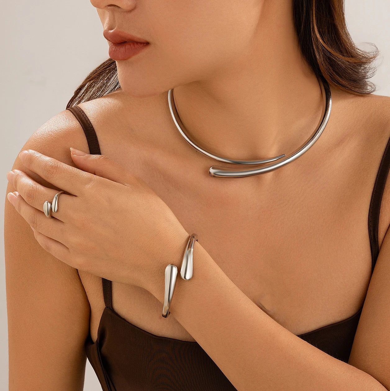 Water Drop Torques Choker Necklace, Open Cuff Bangle with Adjustable Ring