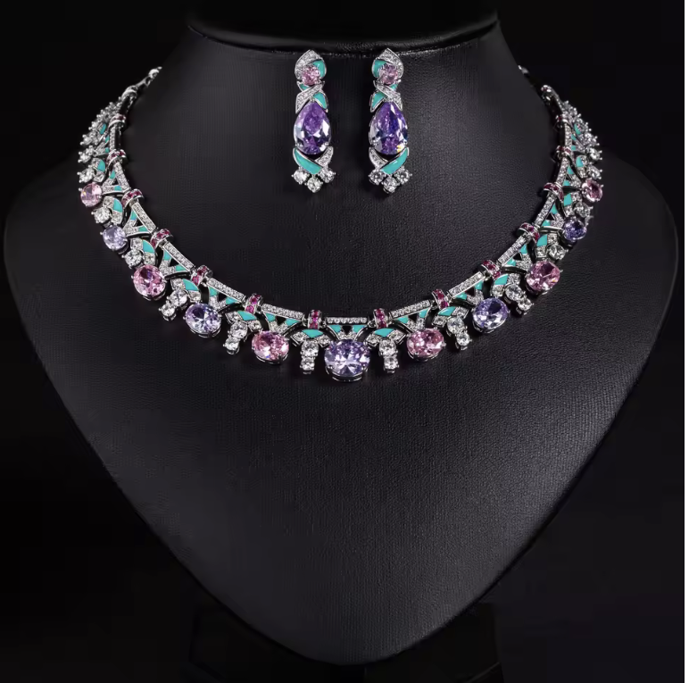 2Pcs Cubic Zirconia Platinum Plated Jewellery Set - Multicoloured