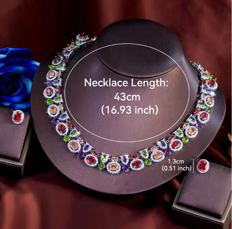 2Pcs Oval Shaped Cubic Zirconia Silver Plated Jewellery Set - Multicoloured