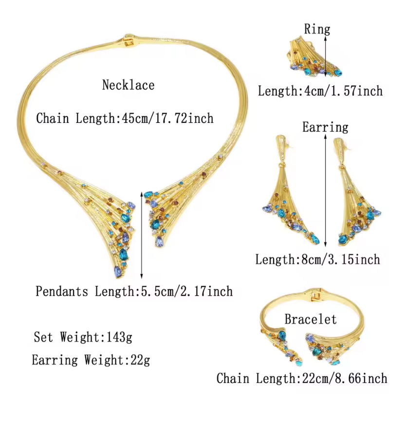 4Pcs Plated Gold/Silver Blue Stone Wedding Jewellery Set