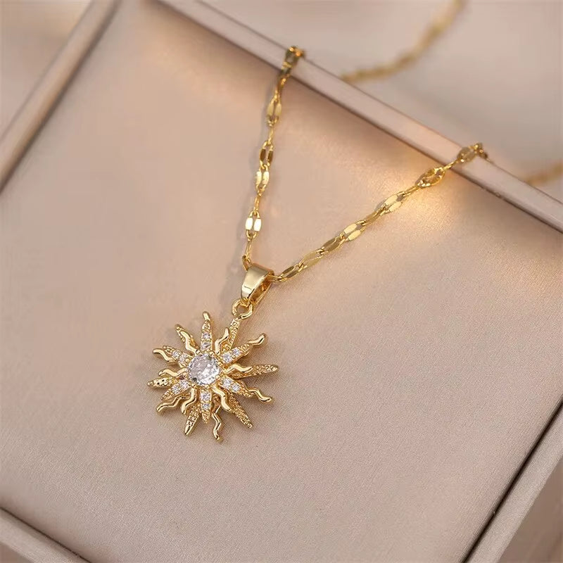 Gold Zircon Flower Pendant Necklace