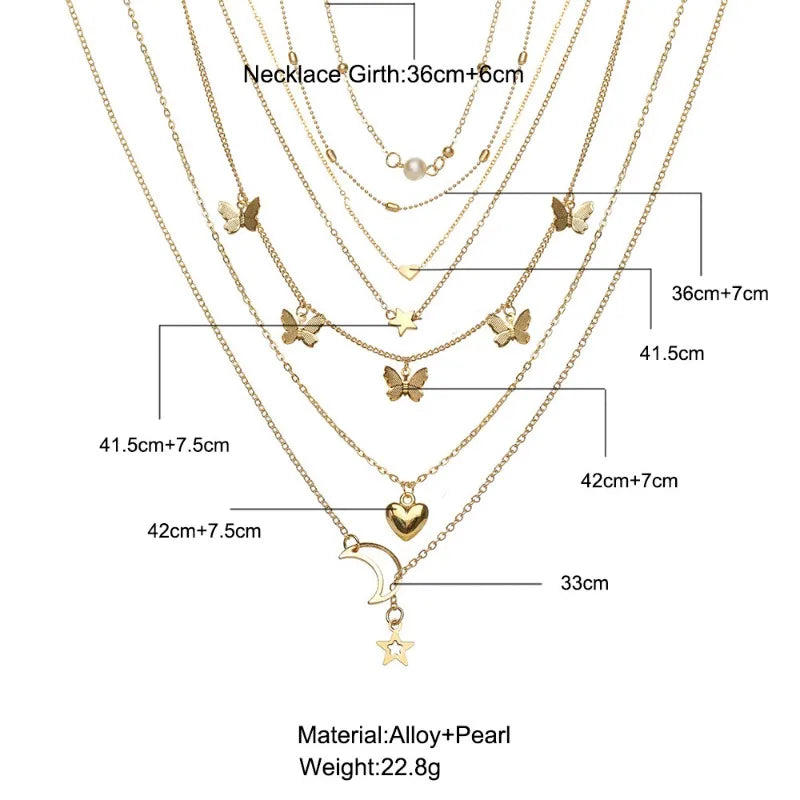 6PCS Necklace Set, Simple Temperament with Lovely Butterflies, Star Moon Charms