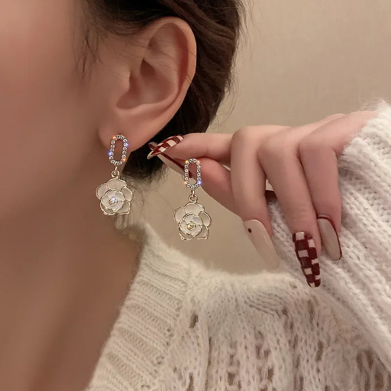 French Camellia Flower Rhinestone Earrings
