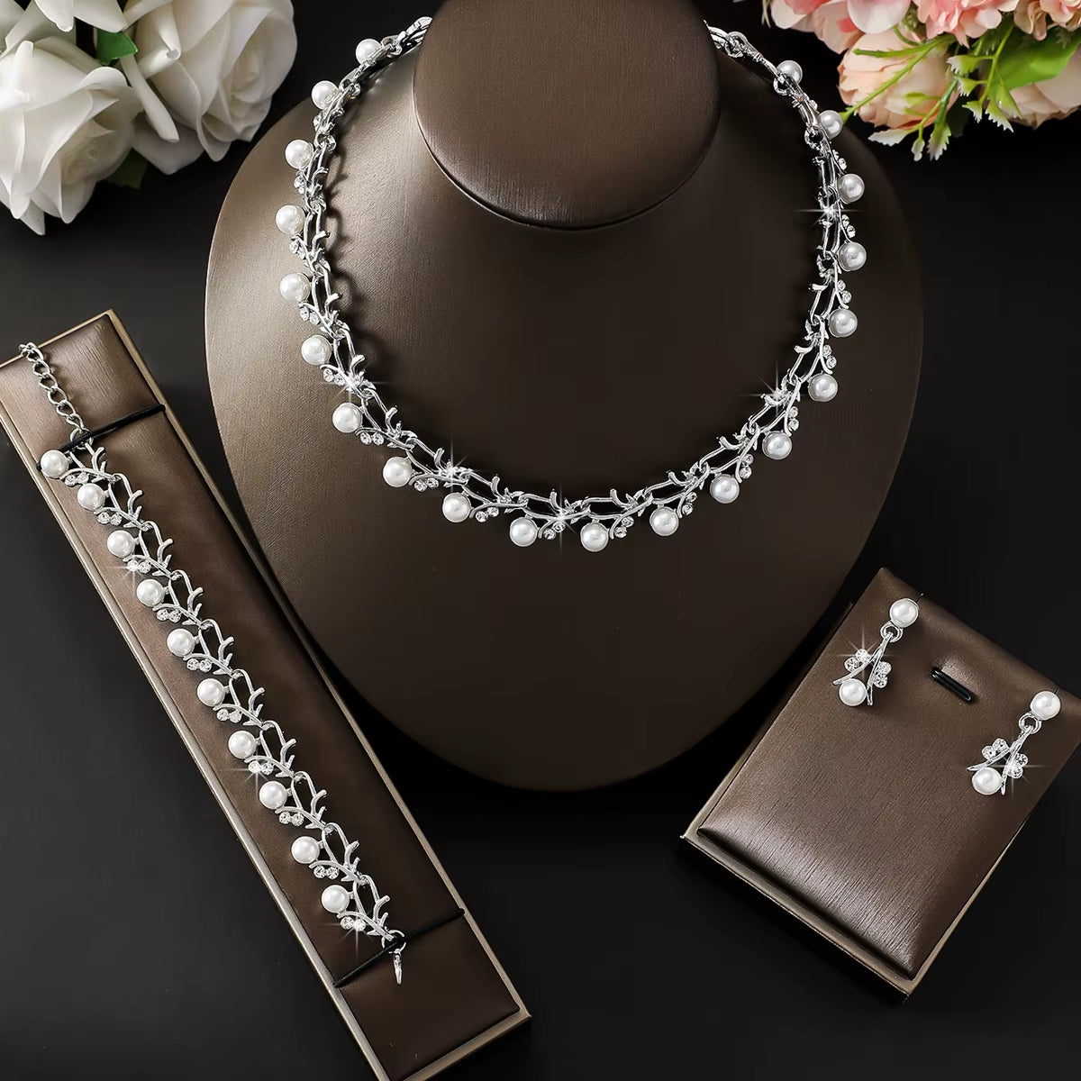 4Pcs Pearl Rhinestone Jewellery Set
