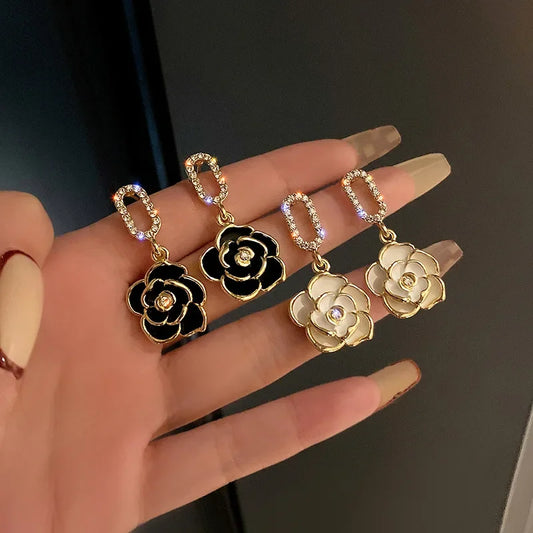 French Camellia Flower Rhinestone Earrings