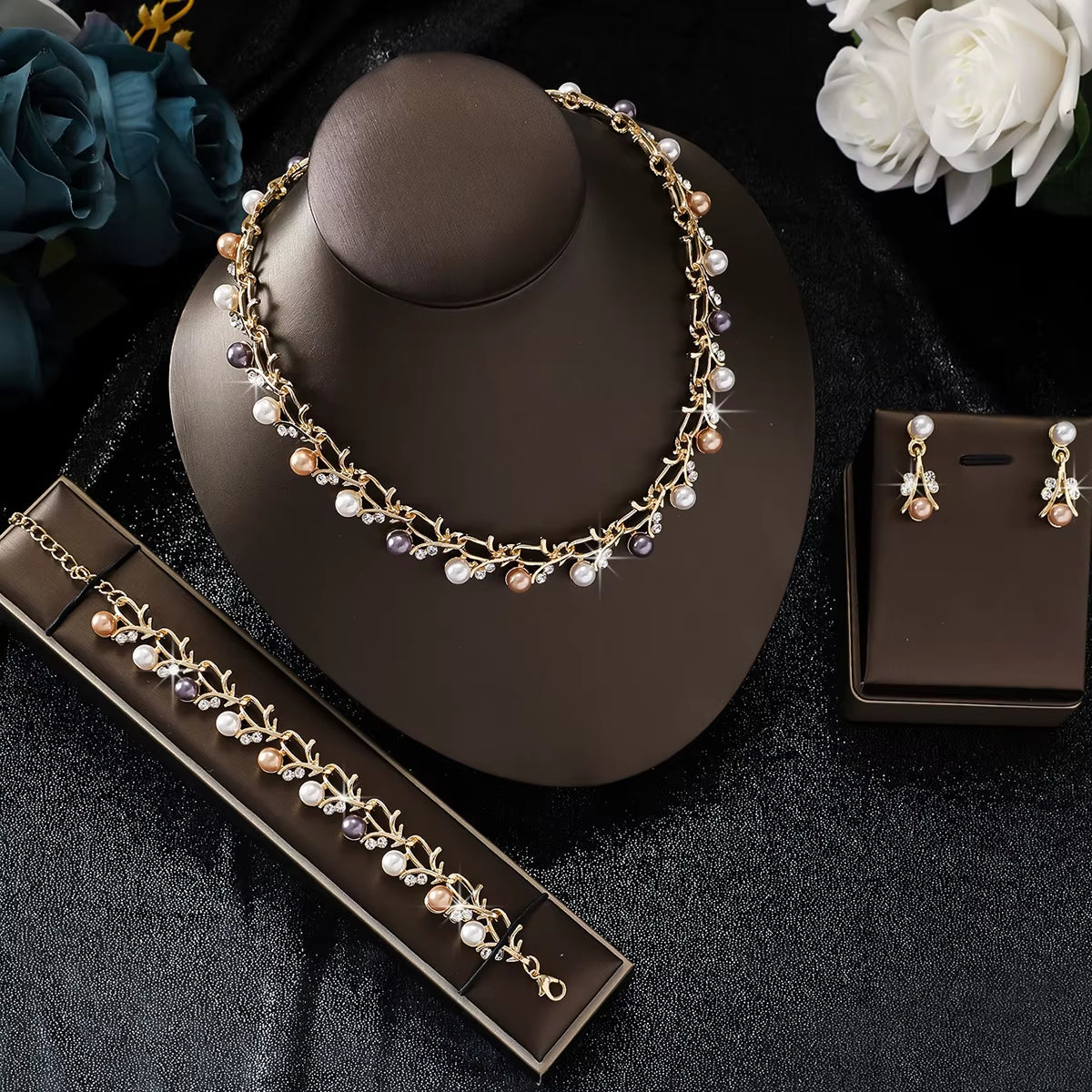 4Pcs Pearl Rhinestone Jewellery Set