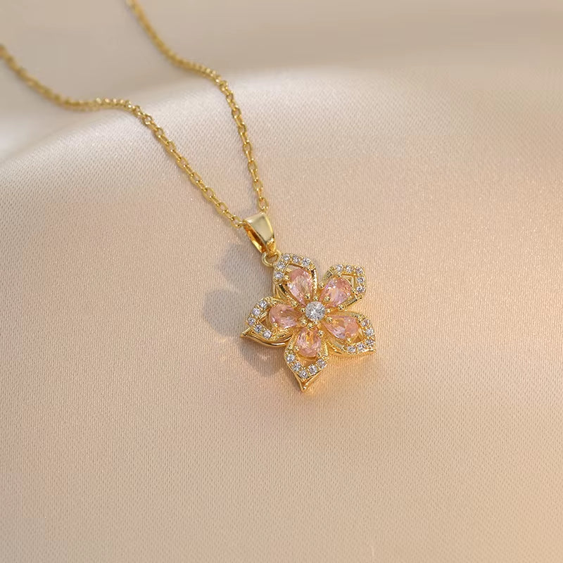Gold Zircon Flower Pendant Necklace
