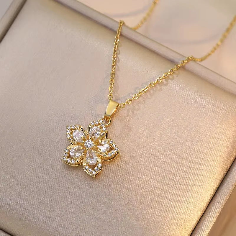 Gold Zircon Flower Pendant Necklace