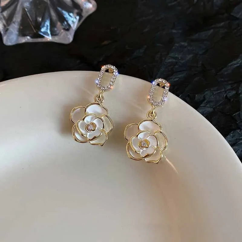 French Camellia Flower Rhinestone Earrings