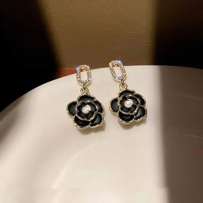 French Camellia Flower Rhinestone Earrings