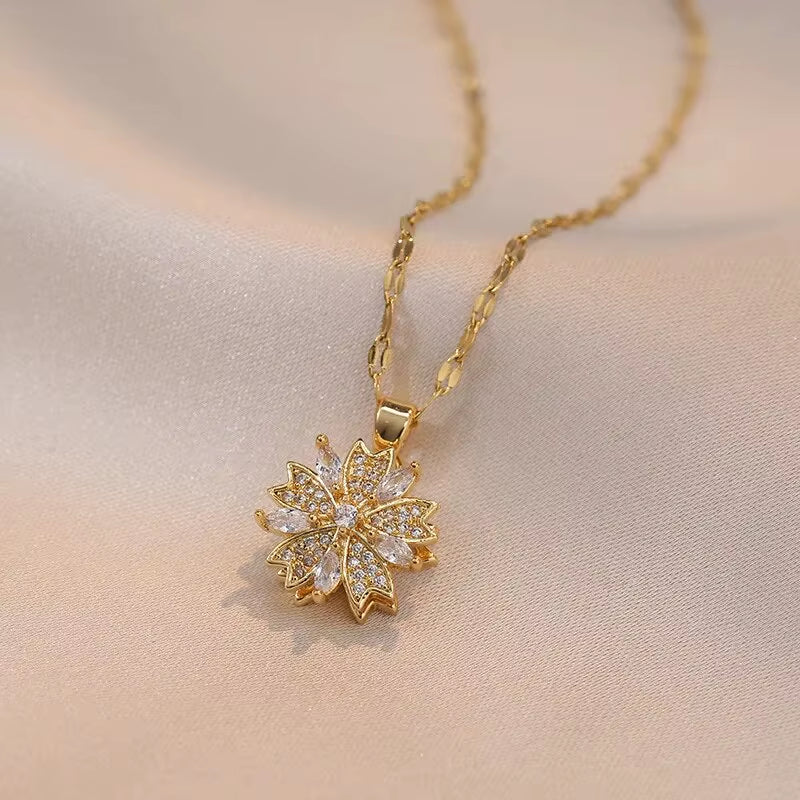 Gold Zircon Flower Pendant Necklace