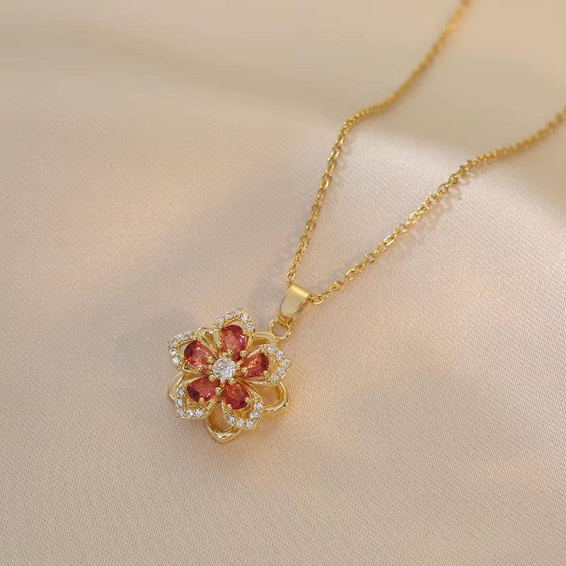 Gold Zircon Flower Pendant Necklace