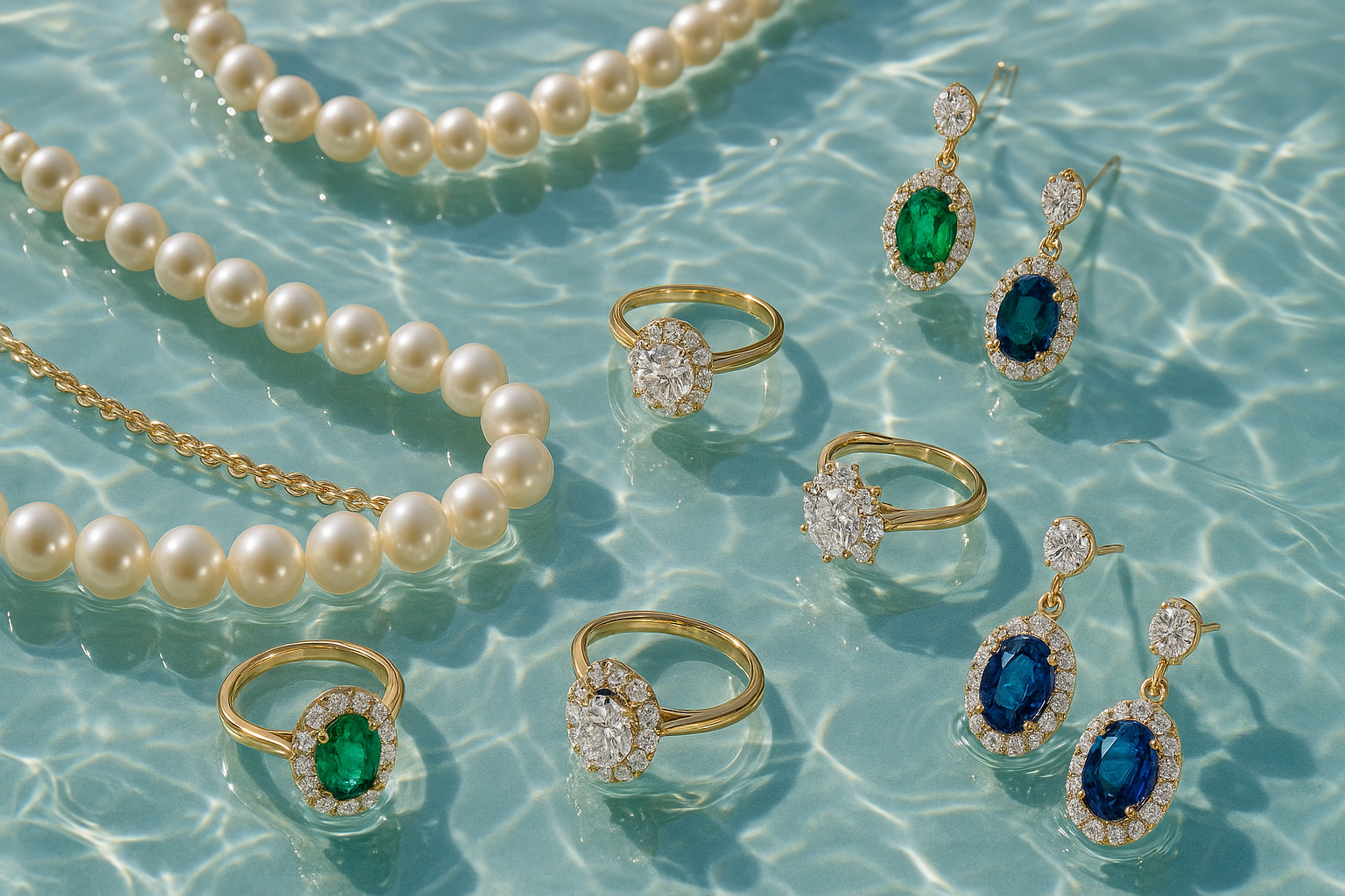 perl, gemstone and gold jewellery on water