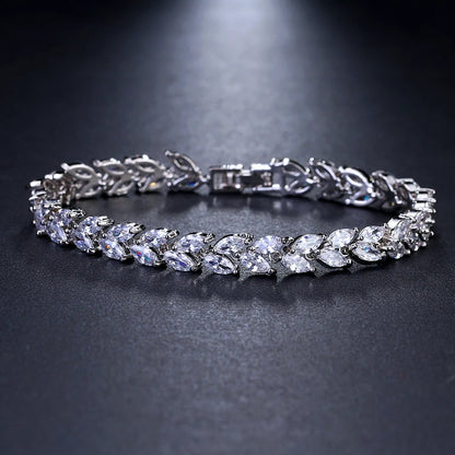 Trendy Leaf Charm Cubic Zirconia Bracelet & Bangles for Bride Bracelets Jewelry Sliver Color Clear CZ Crystal Bangles for Women