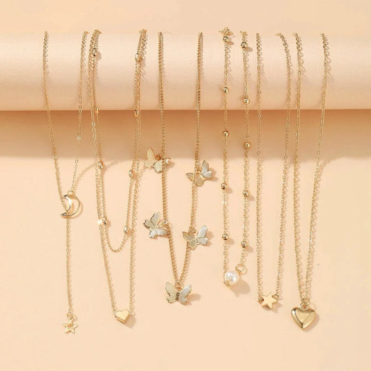 6PCS Necklace Set, Simple Temperament with Lovely Butterflies, Star Moon Charms