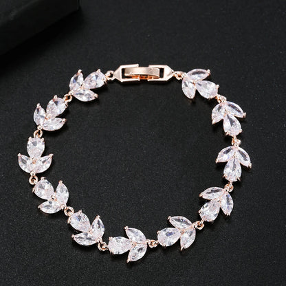 Trendy Leaf Charm Cubic Zirconia Bracelet & Bangles for Bride Bracelets Jewelry Sliver Color Clear CZ Crystal Bangles for Women