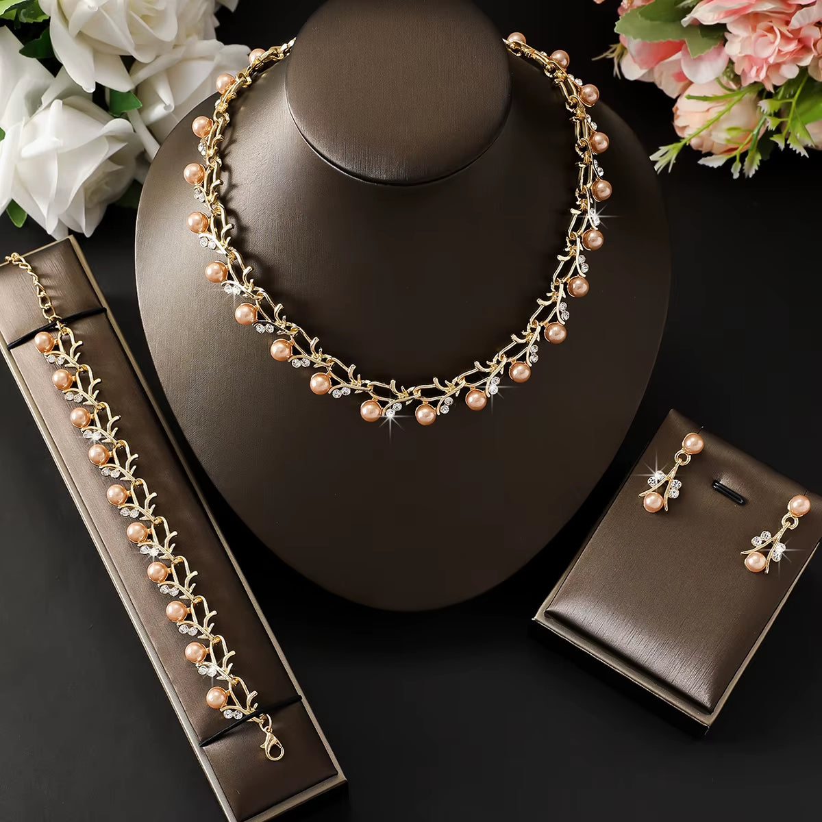 4Pcs Pearl Rhinestone Jewellery Set