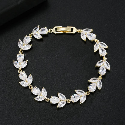 Trendy Leaf Charm Cubic Zirconia Bracelet & Bangles for Bride Bracelets Jewelry Sliver Color Clear CZ Crystal Bangles for Women