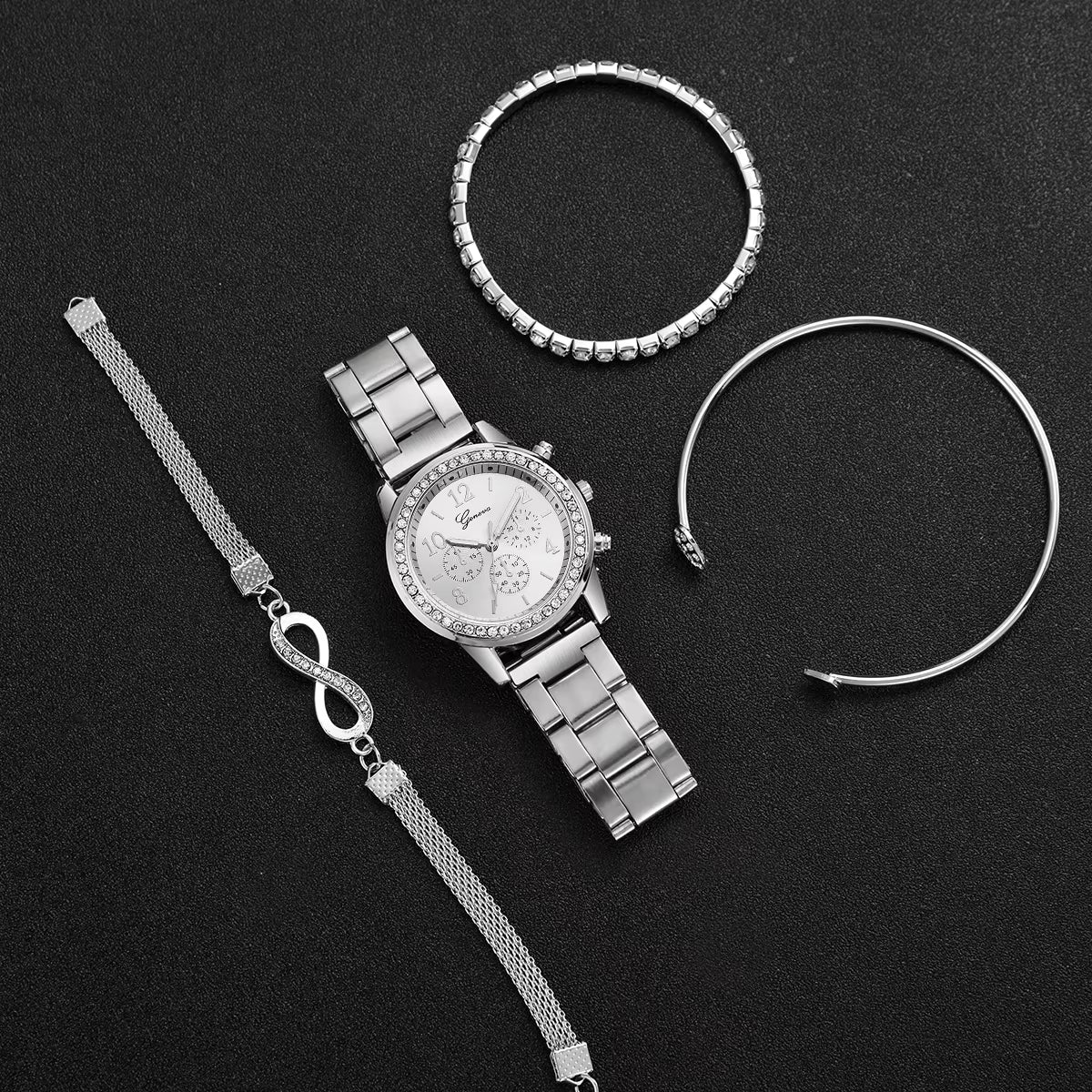 4Pcs/Set Quartz Watch and Bracelets with Rhinestones