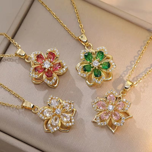 Gold Zircon Flower Pendant Necklace
