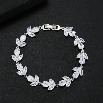 Trendy Leaf Charm Cubic Zirconia Bracelet & Bangles for Bride Bracelets Jewelry Sliver Color Clear CZ Crystal Bangles for Women