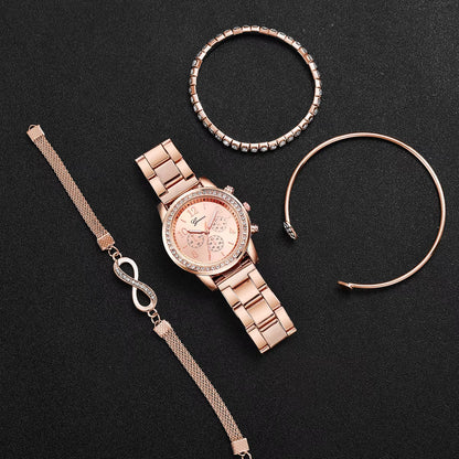 4Pcs/Set Quartz Watch and Bracelets with Rhinestones