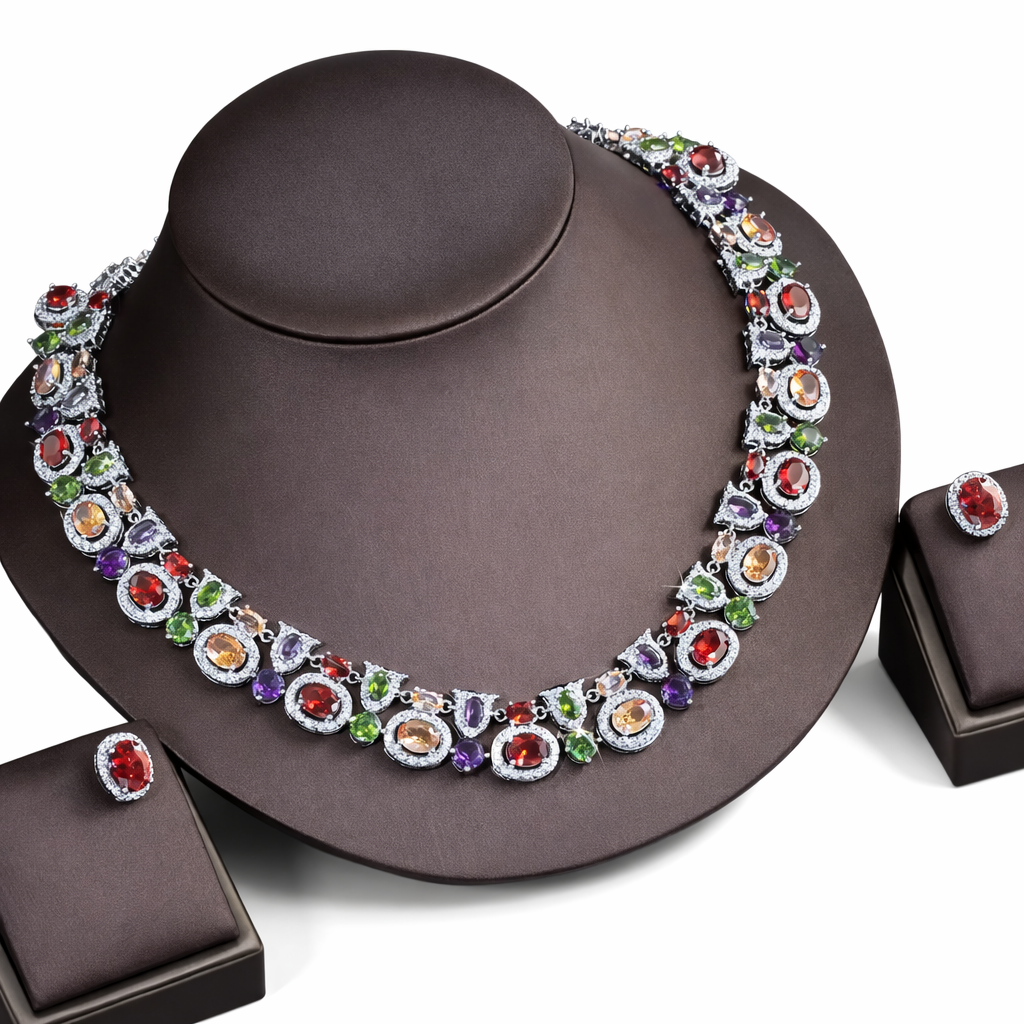 2Pcs Oval Shaped Cubic Zirconia Silver Plated Jewellery Set - Multicoloured