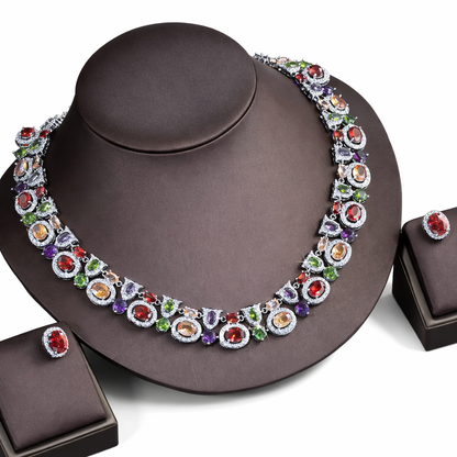 2Pcs Oval Shaped Cubic Zirconia Silver Plated Jewellery Set - Multicoloured