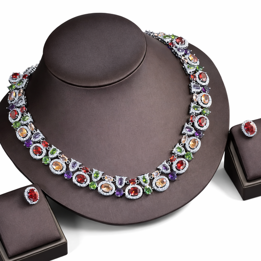 2Pcs Oval Shaped Cubic Zirconia Silver Plated Jewellery Set - Multicoloured