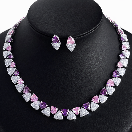 2Pcs Cubic Zirconia Triangular Jewellery Set - Pink, White and Purple