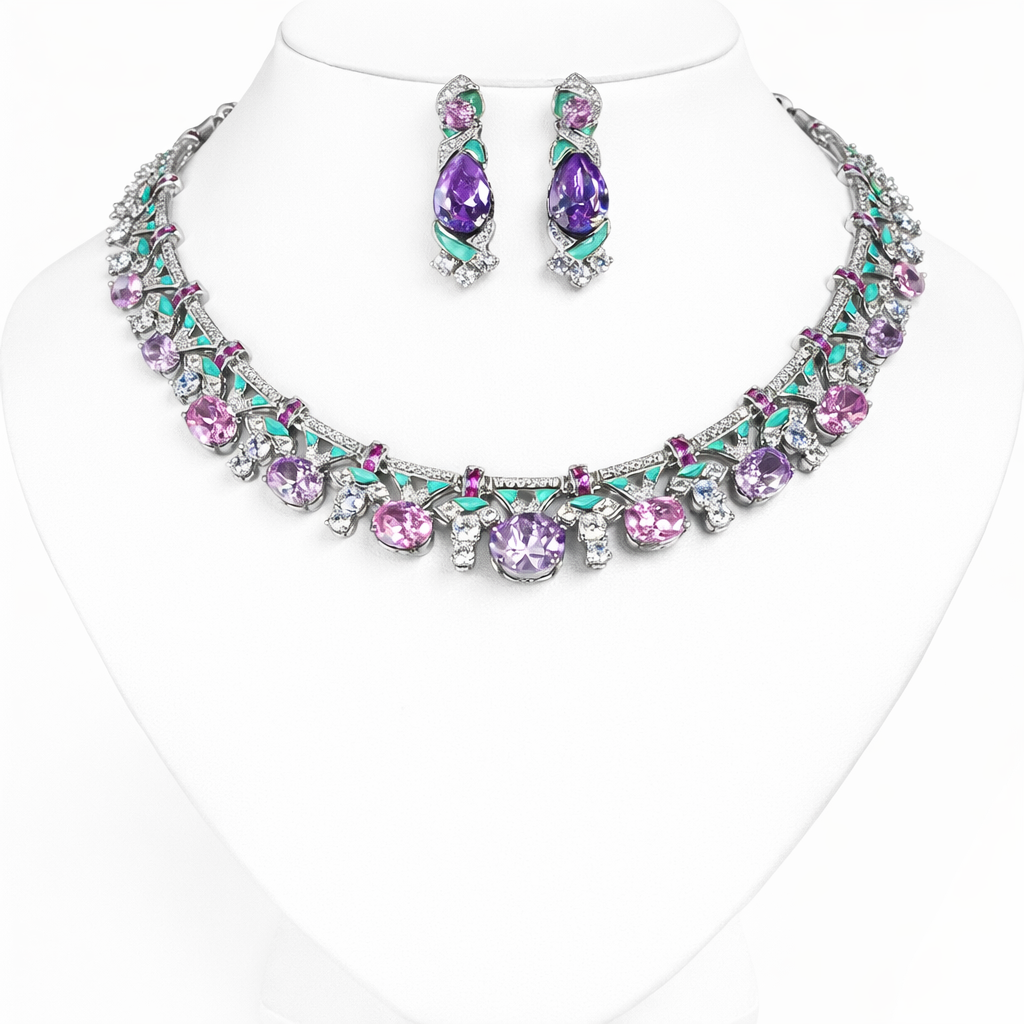 2Pcs Cubic Zirconia Platinum Plated Jewellery Set - Multicoloured