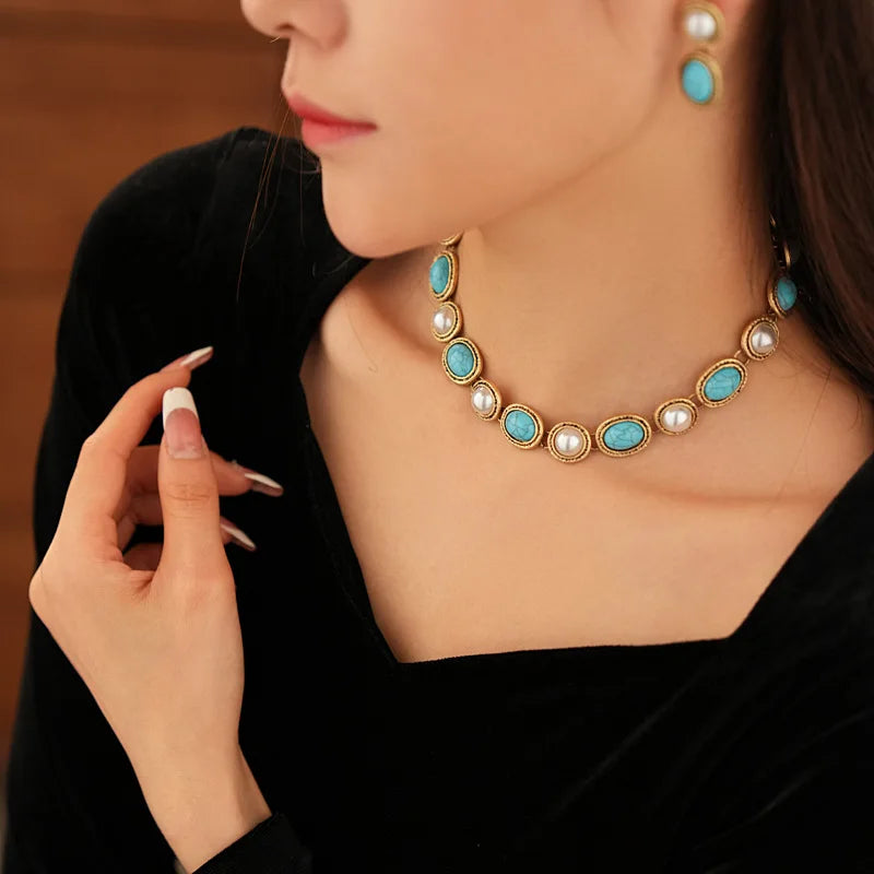 2Pcs Vintage Oval Imitation Pearl Jewelry Set