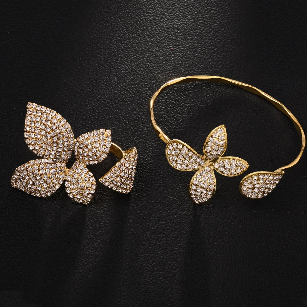 Floral Rhinestone Bracelet and Rings 