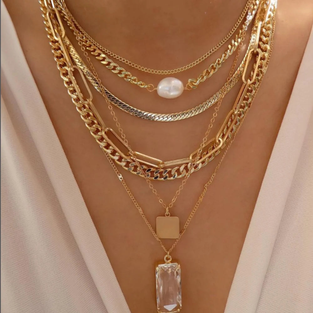 Boho Multi-Layer Crystal Pendant Necklace Sets