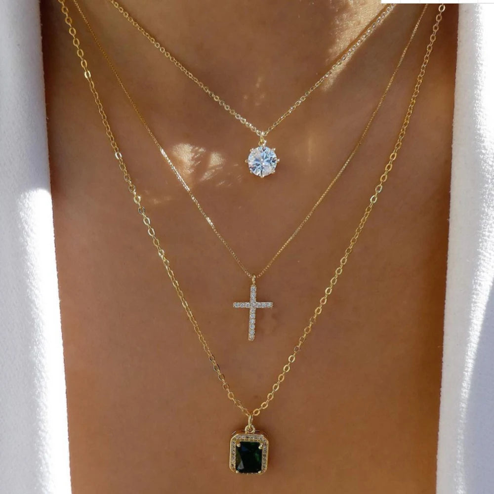 Boho Multi-Layer Crystal Pendant Necklace Sets