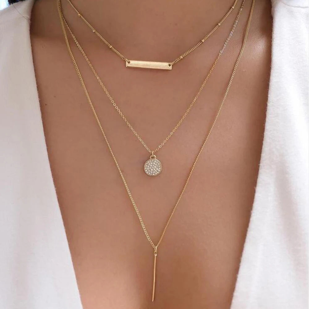 Boho Multi-Layer Crystal Pendant Necklace Sets
